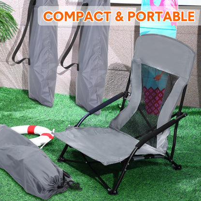 Menkxi 6 Pack Low Beach Chairs for Adults, Portable Folding Sand Chairs with Cup Holder and Carry Bag, Lightweight High Back Camping Chair for Beach Trips, Concerts, BBQ, Lawn, Outdoor (Dark Grey)