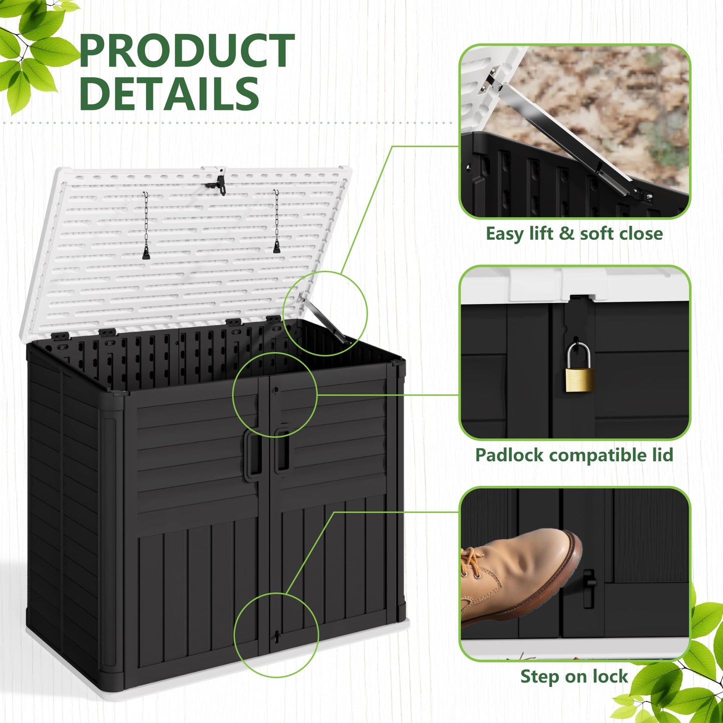 Greesum Outdoor Trash Can Storage Shed, 34 Cu.ft Horizontal Outdoor Storage Cabinet, Waterproof for Garden, Pool Storage, Garbage Cans, Black