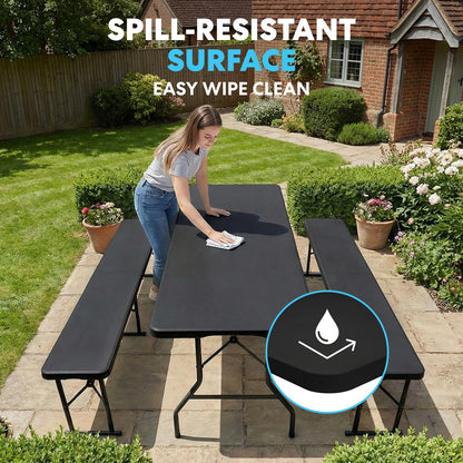 Simpli-Magic 6 Foot Folding Picnic Table Set with 2 Benches Portable Indoor Outdoor Camping Table for Working Meeting Party Picnic Weddings with Handle and Safety Locks Black