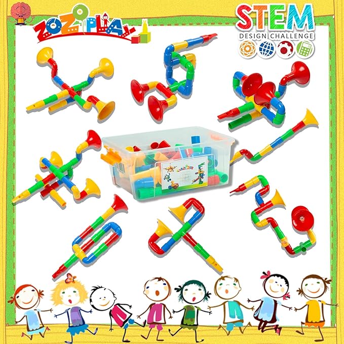 ZOZOPLAY STEM Toys Tube Locks 72 Piece Tubular Pipes &amp Spouts &amp Joints &amp Whistles &amp Trumpet Toy Learning Educational Building Block Set with Whistles Gift for Boys Girls