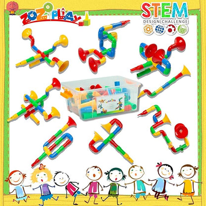 ZOZOPLAY STEM Toys Tube Locks 72 Piece Tubular Pipes &amp Spouts &amp Joints &amp Whistles &amp Trumpet Toy Learning Educational Building Block Set with Whistles Gift for Boys Girls