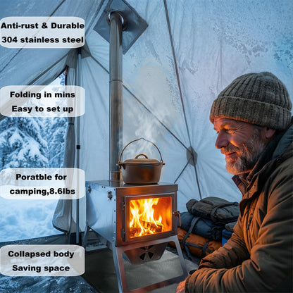 DANCHEL OUTDOOR S7C Wood Stove for Hot Tent, Portable Folding Camping Stove with Insulated Pad & Spark Arrestor, 304 Stainless Steel Collapsible Body for Winter Survival Cooking