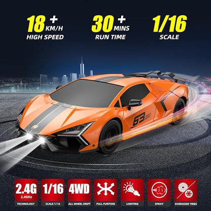 RC Drift Car Drifting RC Car 2.4GHz 1:16 Remote Control Cars 4WD High Speed Racing Vehicle with LED Lights Two Batteries and Drifting Tires Sport Toy Cars for Adults Boys Girls Kids Orange