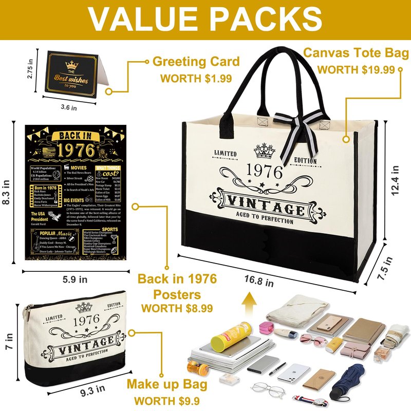 YeohJoy 50th Birthday Gifts for Women Canvas Tote Bag Travel Gear, Unique 50 Years Old Birthday Gifts for Mom Wife Aunt Friends Her, Vintage 1976 Handbag & Cosmetic Bag & Back in 1976 Poster