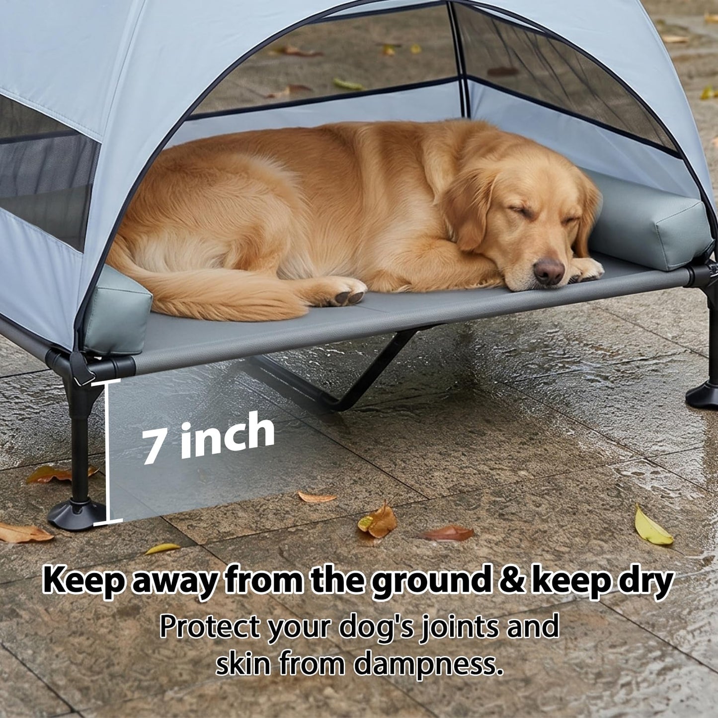 iweepet 4 in 1Elevated Dog Cot with Removable Canopy & Bolster Pillows for Extra Large Dog,Cooling Raised Outdoor Dog Bed with Breathable Teslin Mesh,Carry Bag for Camping,Patio, Backyard, 52''