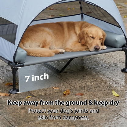 iweepet 4 in 1Elevated Dog Cot with Removable Canopy & Bolster Pillows for Extra Large Dog,Cooling Raised Outdoor Dog Bed with Breathable Teslin Mesh,Carry Bag for Camping,Patio, Backyard, 52''