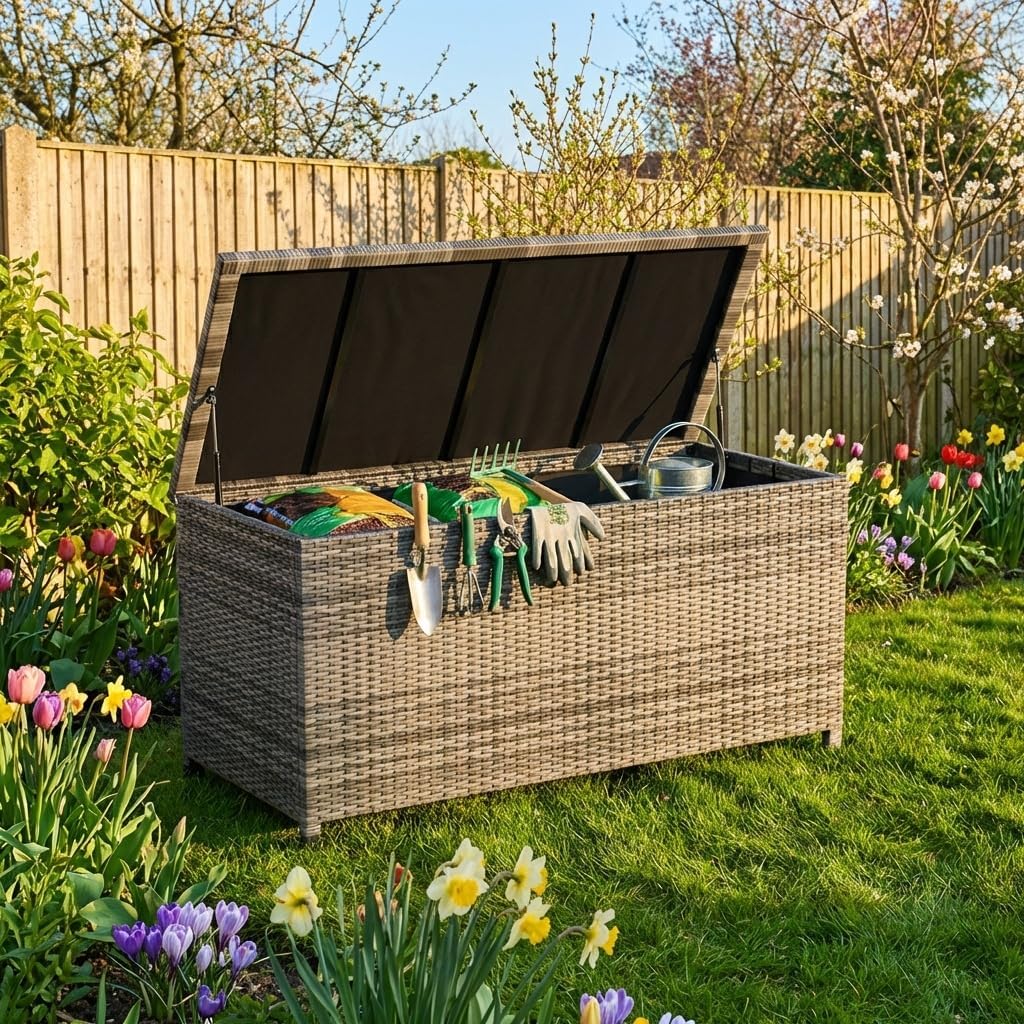 125 Gallon Outdoor Deck Box with Wheels, Waterproof PE Wicker Rattan & Aluminum Frame Storage Bin for Patio Cushions, Garden Tools, Pool Toys, Lockable Patio Furniture(Gray)