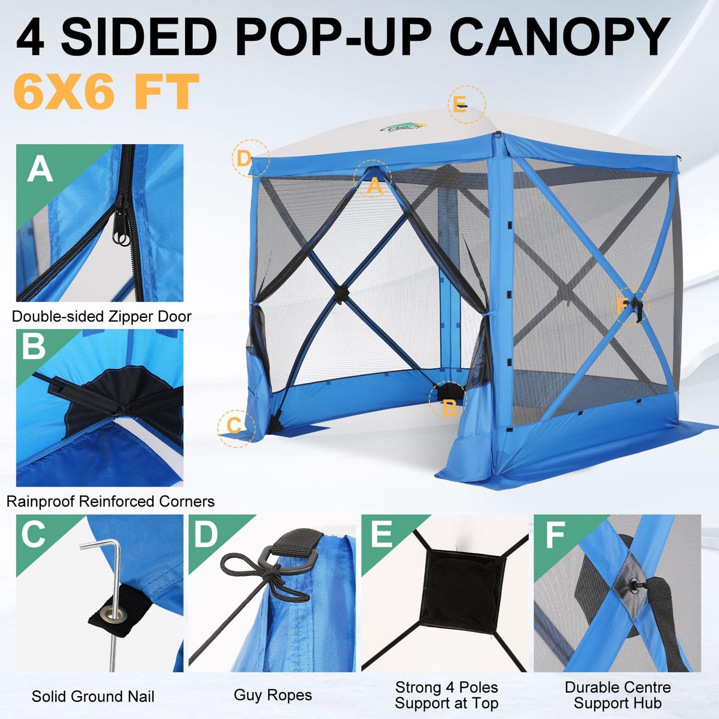 COBIZI 6x6 FT Pop up Gazebo Tent, Screen Tent with Sidewalls, Waterproof Portable Outdoor Small Screen Tents Sun Shelter, Carpas para Patio for Outdoor Camping, Backyard and Garden, Blue