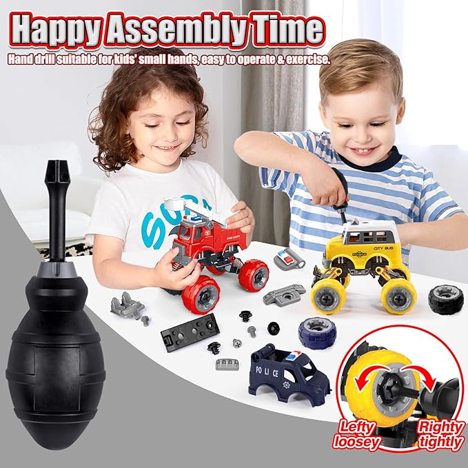 LUDILO Kids Boys Toys Age 4-6 5-7 6-8: 4 PCS DIY Assembly Building City Bus Ambulance Police Car Toy Fire Truck with Electric Drill Stem Learning Toys Gifts for 3 4 5 6 7 8 Year Old Boys Girls Kids