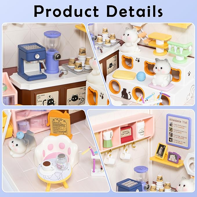 DIY Miniature House Kit with LED Lights Whimsical Cat Cafe Miniature Kit with Roof &amp Dust Covers for Teens DIY Coffee Shop with Cats &amp Furniture Creative Christmas Decoration Gift Idea