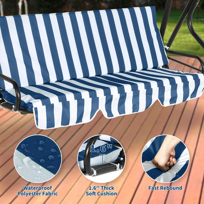Outdoor Patio Swing Chair with Adjustable Canopy 3-Seat Heavy-Duty Steel Frame Porch Swing with Stand Thick Waterproof Cushions for Garden Backyard Lawn Front Porch