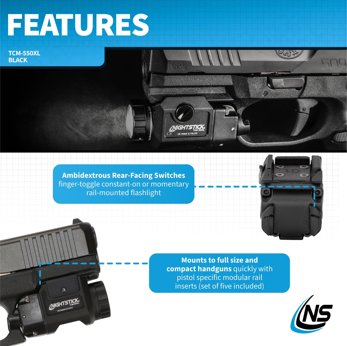 Nightstick TCM-550XL Compact Rail-Mounted Tactical Light - Waterproof Impact-Resistant Tactical Flashlight with Easy Momentary and Constant-On Switches
