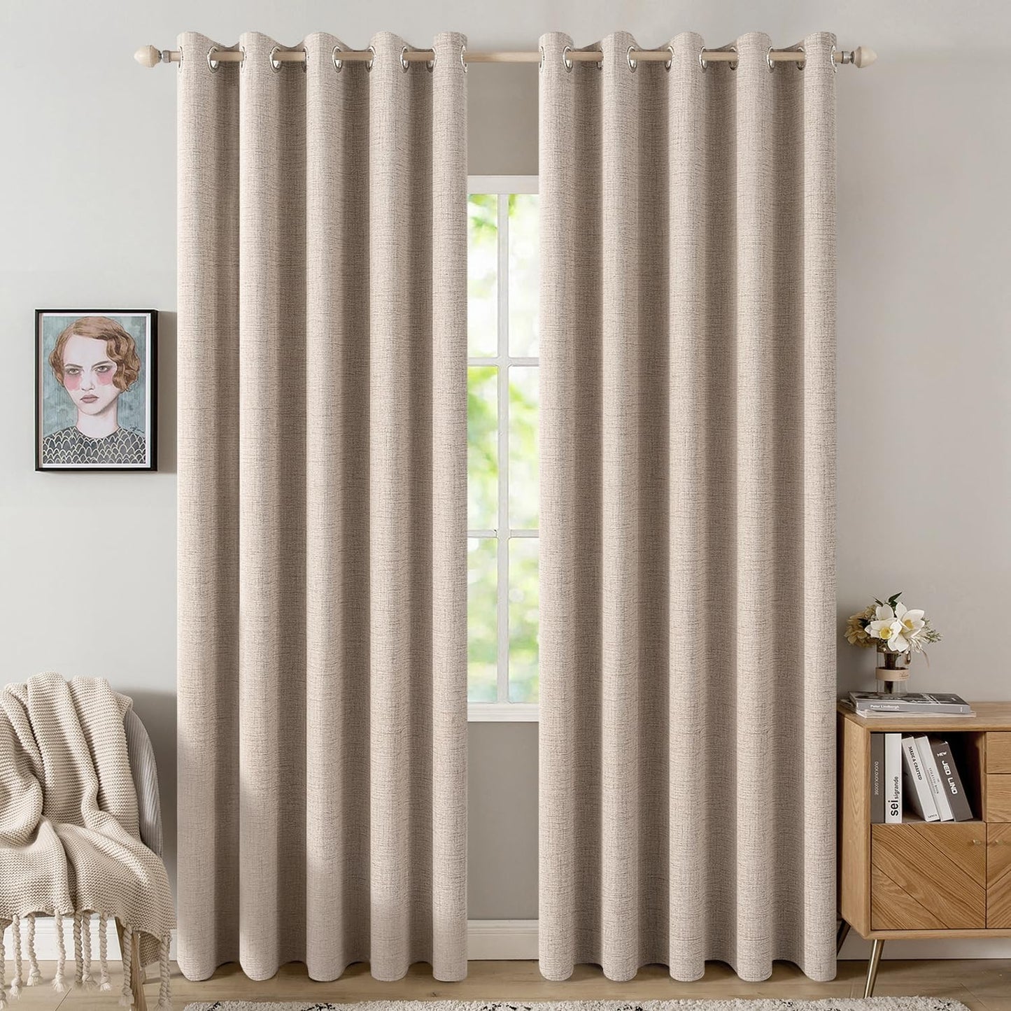 MIULEE 100% Blackout Linen Textured Curtains - Thermal Insulated Natural Beige | 62 x 96 Inch (2 Panels)