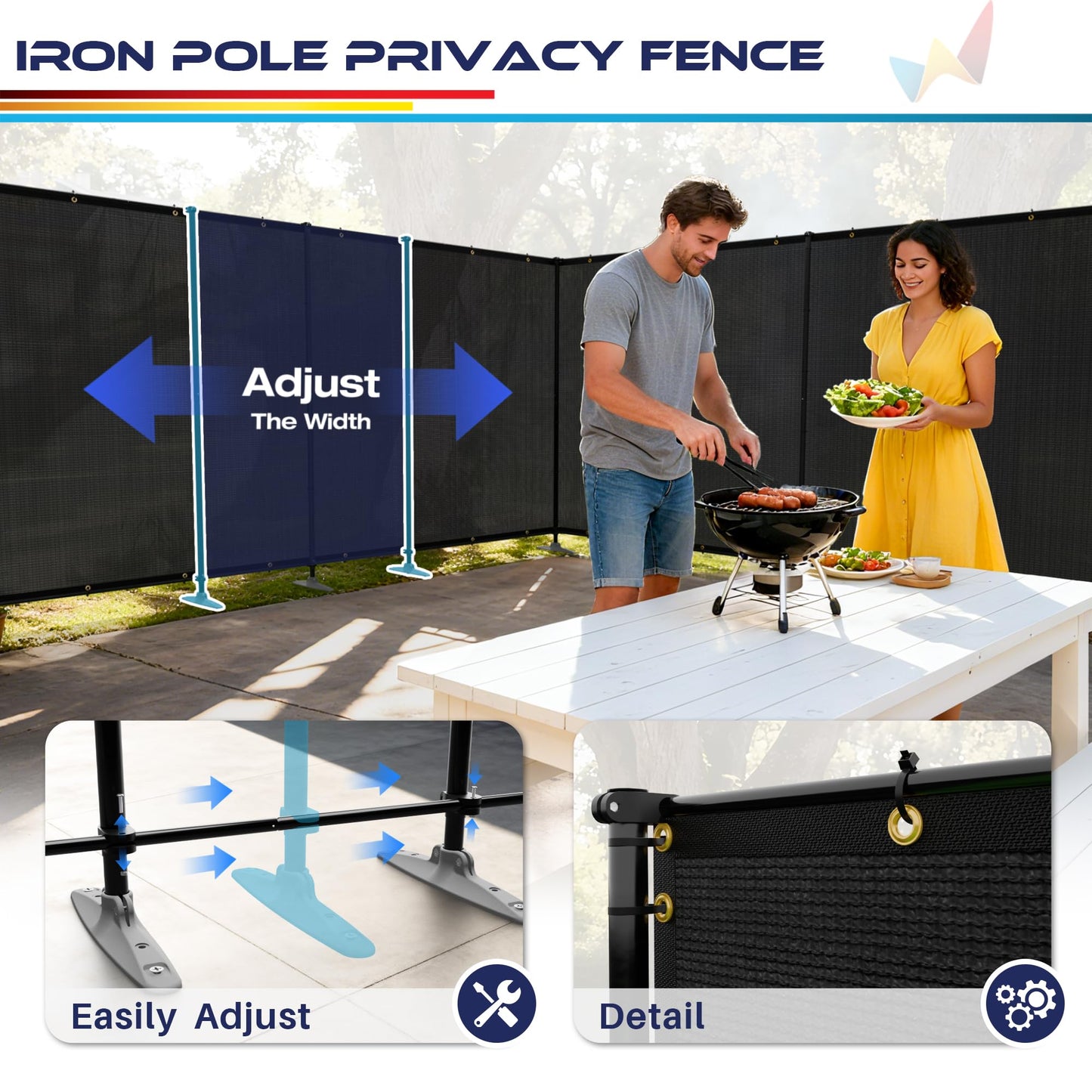 Windscreen4less Outdoor Privacy Fence Screen, 6'x24' Freestanding Privacy Fencing Set with Iron Poles and Ground Spikes, UV Resistant Mesh Cover Garden Pet Fencing for Backyard Patio Pool, Black