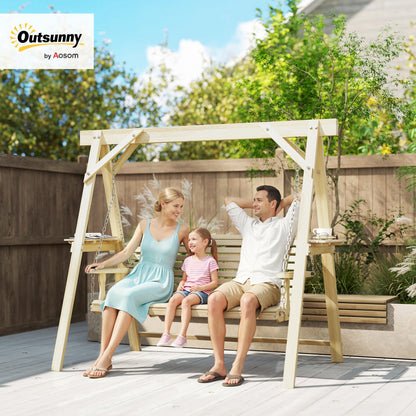 Outsunny 3 Seat Porch Swing with Stand, Wooden Patio Swing Chair with Side Tables and Metal Chains, Outdoor Swing Bench for Garden, Poolside, Backyard, Natural Wood