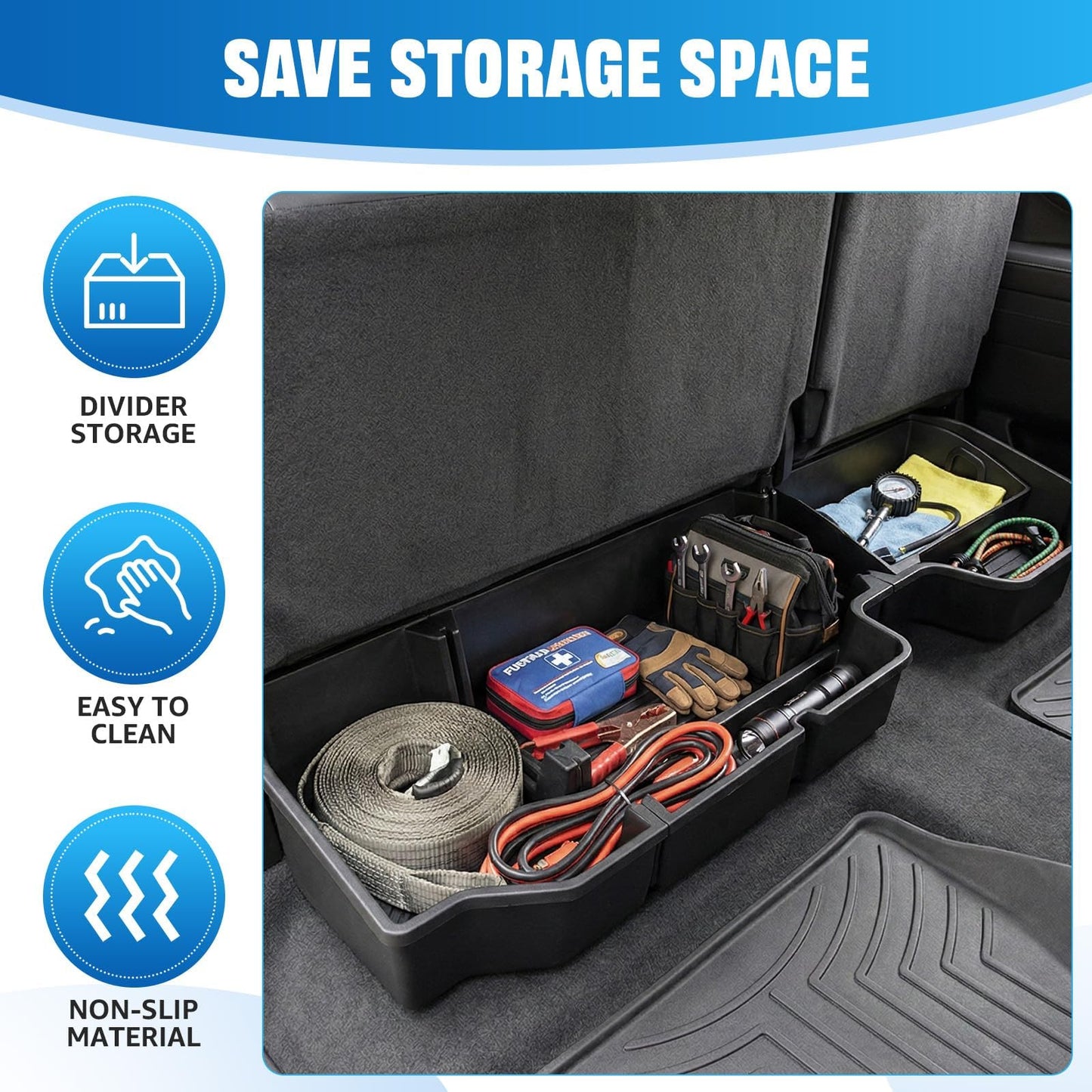 Flyvaroo Underseat Storage for 2019-2026 Chevy Silverado 1500 Crew Cab, Divider Under Seat Storage Box for 2020-2026 Silverado/Sierra 2500HD 3500HD Double Cab & Crew Cab with Mesh Pocket & Inner Bin