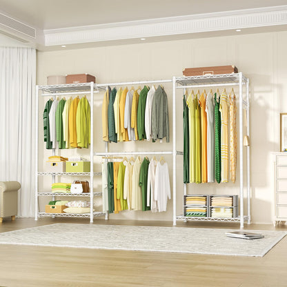 Ulif E1 Heavy Duty Closet Garment Rack, 6 Tiers Adjustable Metal Freestanding Expandable Clothing Storage with 4 Hanger Rods, Easy to Assemble Wardrobe, 71.4" H x (70" - 88.2") L x 14" D, White