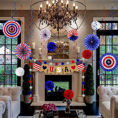 26Pcs Patriotic Decorations 4th of July Decorations LOVE USA Banner Red White Blue Paper Fans Star Streamer Pom Poms Hanging Swirls for Veterans Labor Presidents Flag Memorial Day