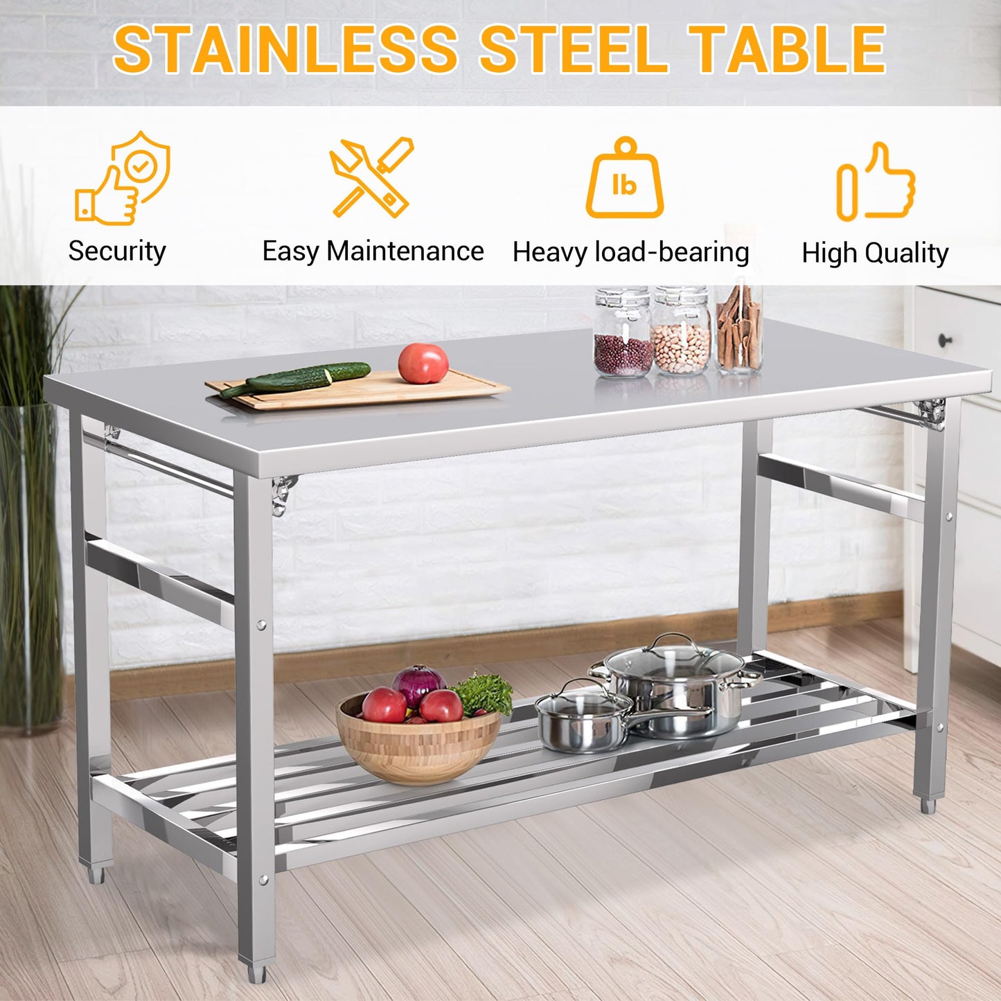 MegaChoice 60 x 24 Inch Stainless Steel Prep Table, Folding Stainless Steel Work Table with Adjustable Undershelf, Heavy Duty Metal Workstation for Commercial, Kitchen, Restaurant, Garage, Home