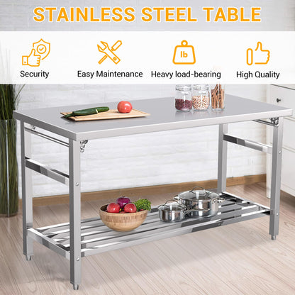 MegaChoice 60 x 24 Inch Stainless Steel Prep Table, Folding Stainless Steel Work Table with Adjustable Undershelf, Heavy Duty Metal Workstation for Commercial, Kitchen, Restaurant, Garage, Home