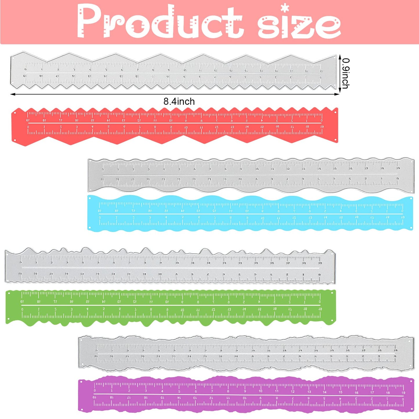 Konohan 4 Pcs Deckle Edge Ruler Metal Paper Tearing Ruler Stainless Steel 8.4 Inch Irregular Die Cuts Measuring Tool for Crafts Engineering School Office Architect and Drawing