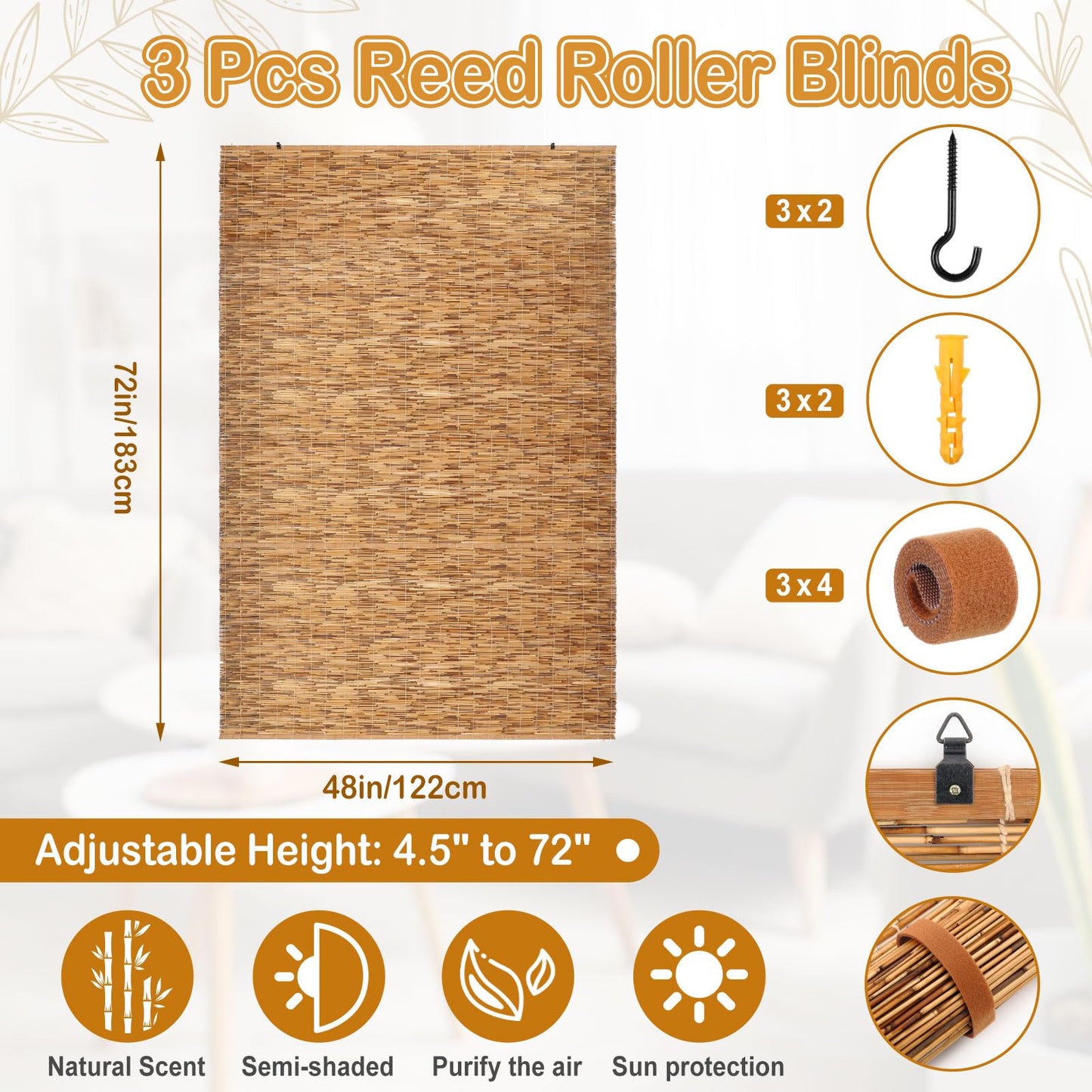 DoubleFill 3 Pcs Bamboo Shades Outdoor Reed Roll Up Blinds 48" W x 72" H Blackout Sunshade Cordless Bamboo Blinds for Home Porch, Patio & Windows Decor Shutters Sunlight Privacy Screen(Carbon Brown)