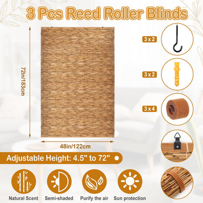 DoubleFill 3 Pcs Bamboo Shades Outdoor Reed Roll Up Blinds 48" W x 72" H Blackout Sunshade Cordless Bamboo Blinds for Home Porch, Patio & Windows Decor Shutters Sunlight Privacy Screen(Carbon Brown)