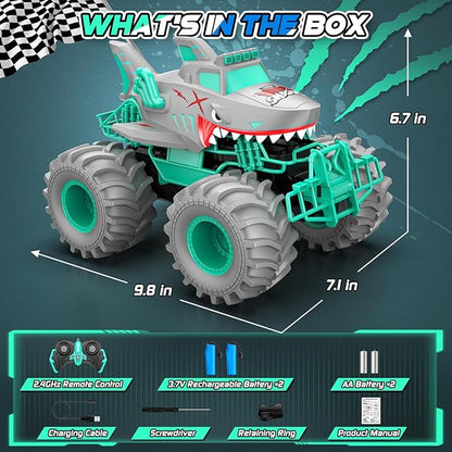 Waterproof Shark Remote Control Car 1:16 Amphibious RC Cars 4WD All Terrain Off Road Monster Trucks Toys RC Truck Toys for Kids 3-5 6-8 8-12 Year Old Boy Birthday Gift Gray