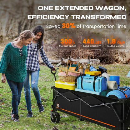 Navatiee 300L Collapsible Wagon Cart Foldable Extra Large, 48''L Folding Extended Beach Wagon with 440LBS Weight Capacity and Big All-Terrain Wheels, Heavy Duty Utility Garden Cart for Sports Outdoor