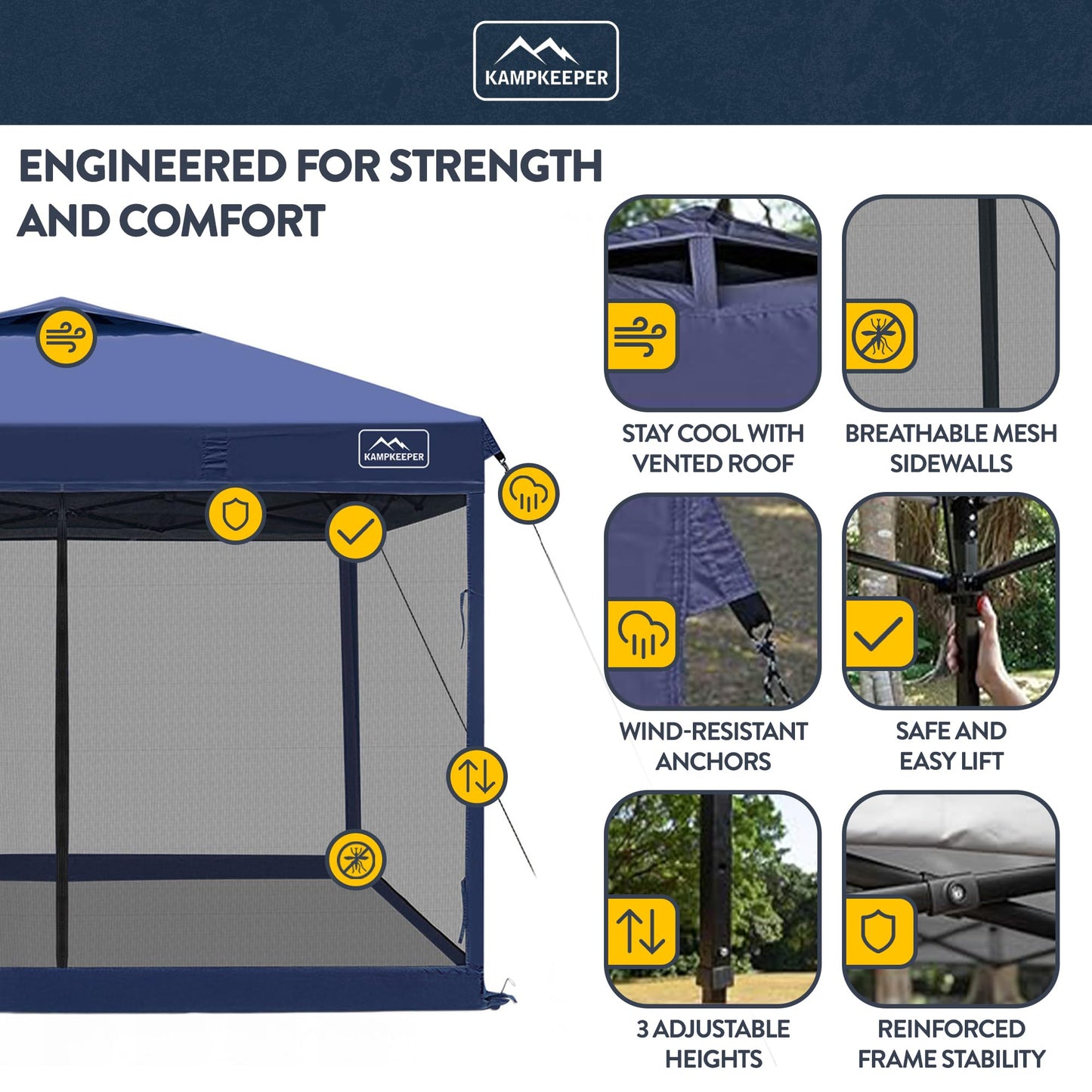 KAMPKEEPER 10x10 Pop-Up Canopy Tent, Waterproof Portable Shade with Screen Walls, Adjustable Instant Outdoor Shelter for Camping, Backyard, and Events, Navy Blue