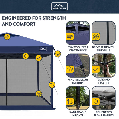 KAMPKEEPER 10x10 Pop-Up Canopy Tent, Waterproof Portable Shade with Screen Walls, Adjustable Instant Outdoor Shelter for Camping, Backyard, and Events, Navy Blue