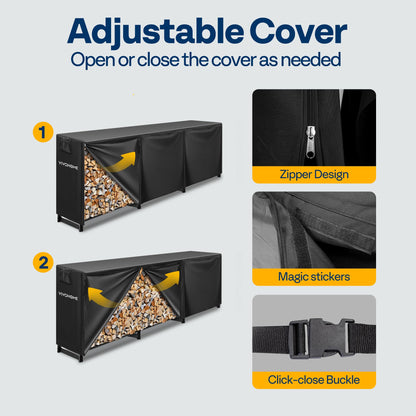 VIVOHOME 10 ft Heavy Duty Firewood Rack Outdoor with Cover, Fire Wood Storage Rack, Log Holder and Cover Combo Set with Zipper, Black