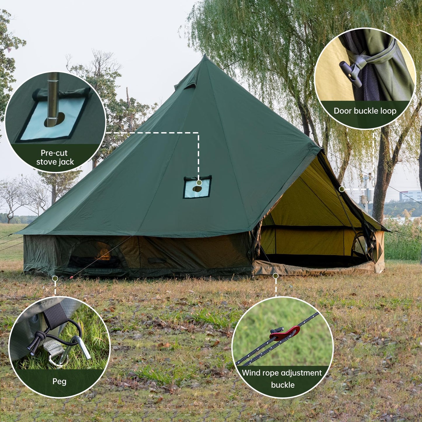 Bell Tent with Stove Jack, Spacious 16.4ft Family Glamping Yurt, 6-8 Person, 4 Season, Easy Setup, Waterproof, Ventilated Outdoor Shelter(16.4ft(Green))