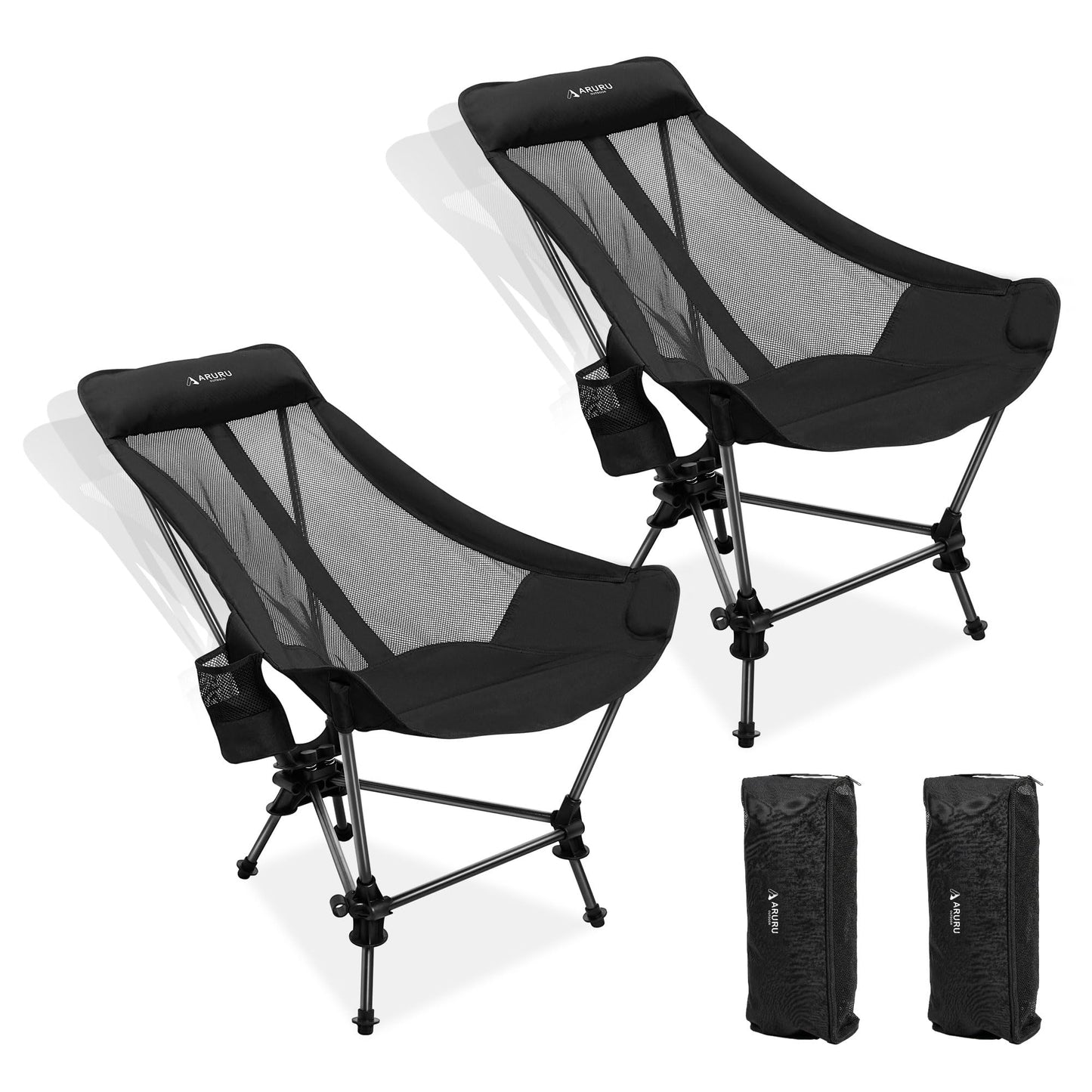 ARURU Hammock Camping Chair, Lightweight Folding Beach Lounge Chair with Adjustable Height Legs, Mesh Portable Swing Camp Chair with Cushioned Head Pillow & Armrests for Camping Beach Hiking