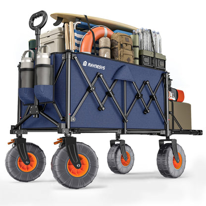 Beach Wagon with Big Wheels for Sand, 440lbs Wagons Carts Foldable with 9x4 All-Terrain Wheels, Rear Tailgate, 200L Capacity, Heavy Duty Collapsible Beach Cart for Garden Sports Camping Outdoor, Blue