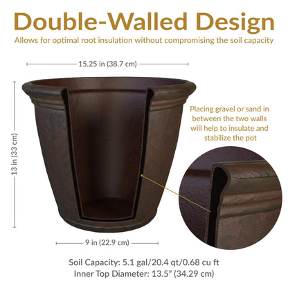 Sunnydaze 15.25-Inch Anjelica Large Plastic Pot for Plants - Outdoor Double-Walled Large Plastic Planter with Drillable Drainage Holes - Rust
