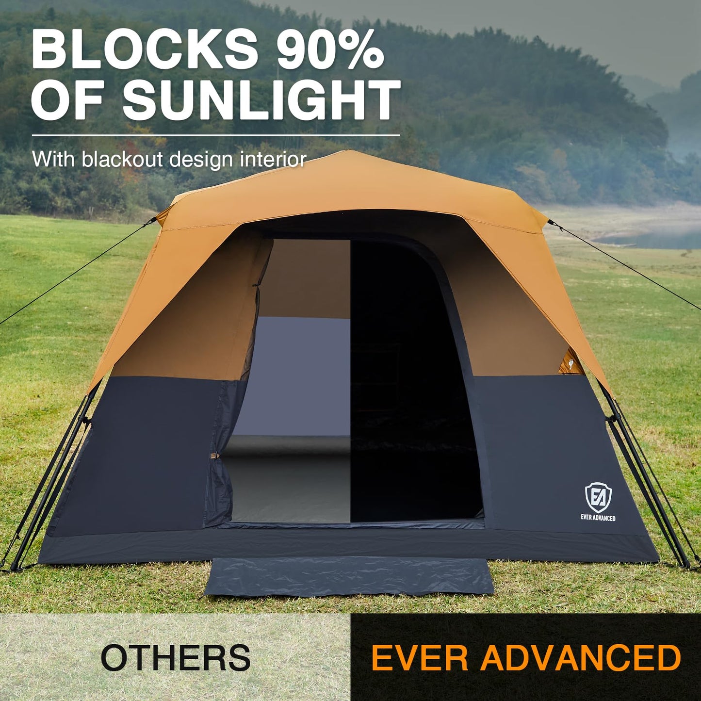 EVER ADVANCED 6 Person Camping Tent, Blackout Design Tent for Camping Instant Cabin Tents for Family with Rainfly, 60s Easy Setup, Water-Resistant