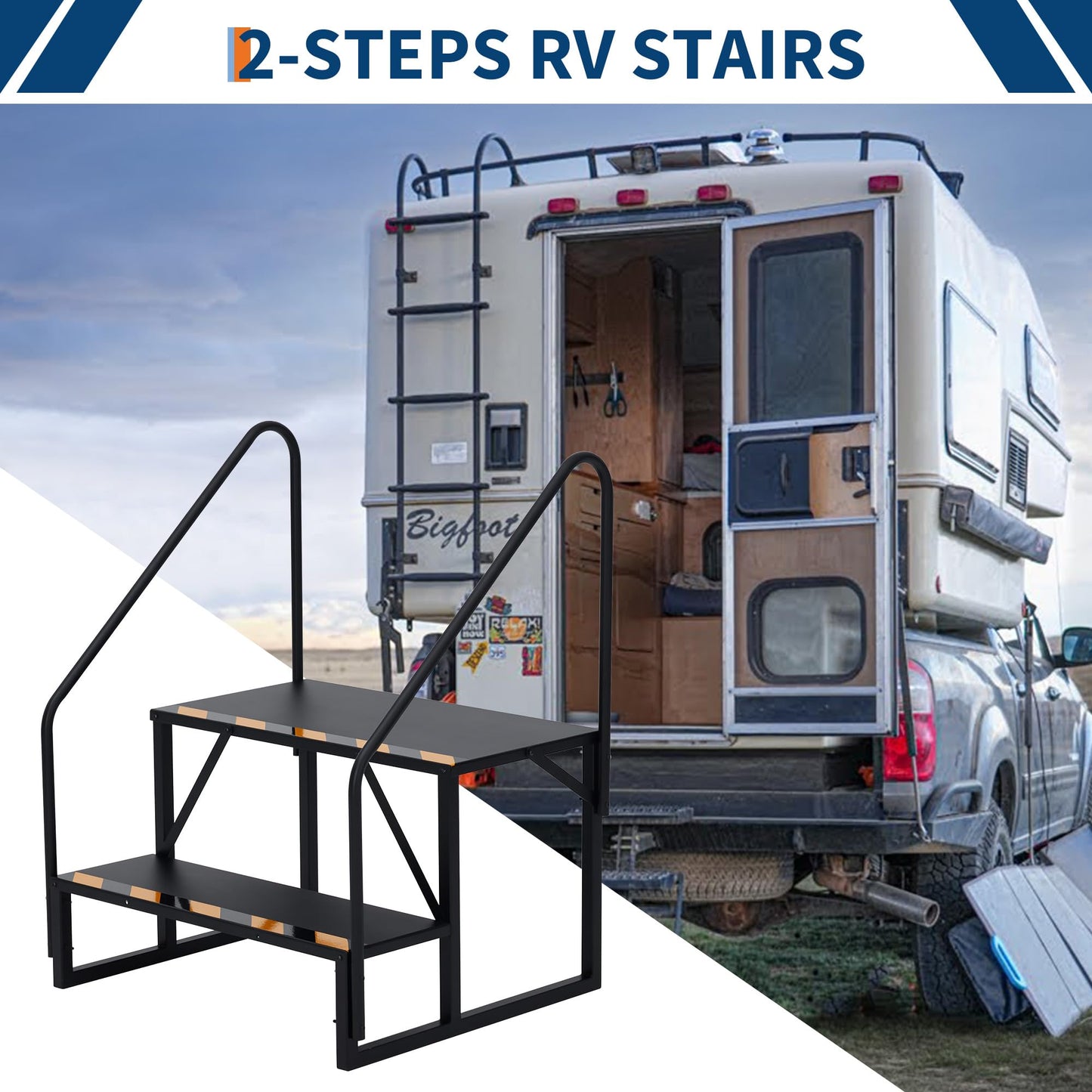 GarveeTech RV Steps with Handrail, 3-Step Heavy Duty Stable Universal Stair, Mobile Home Stairs Outdoor RV Step Ladder for Travel Trailer Pool Hot Tub Trampoline