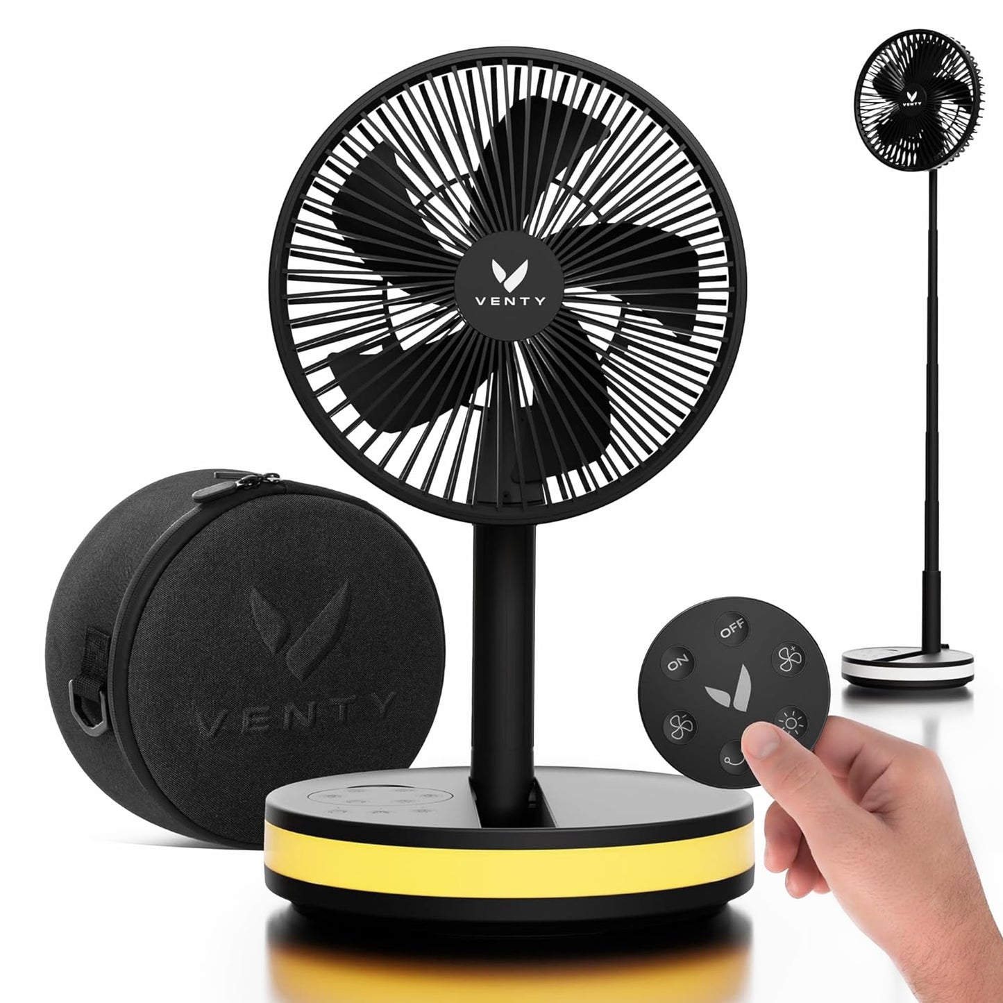VENTY Portable Fan - Wireless Battery Operated Fan - 4 Speeds - LED Lighting - Carry Case & Remote Control - Cruise Travel - Outdoor Travel RV Power Bank With USB-C Port (Black with Case)