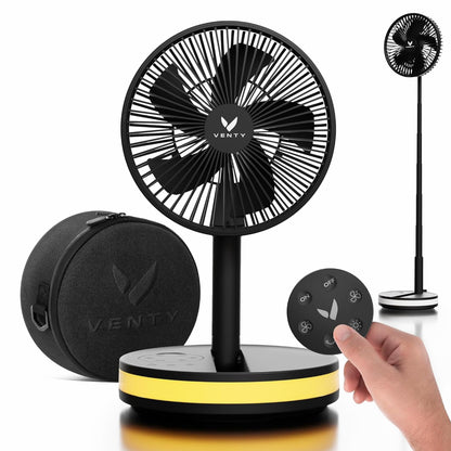 VENTY Portable Fan - Wireless Battery Operated Fan - 4 Speeds - LED Lighting - Carry Case & Remote Control - Cruise Travel - Outdoor Travel RV Power Bank With USB-C Port (Black with Case)