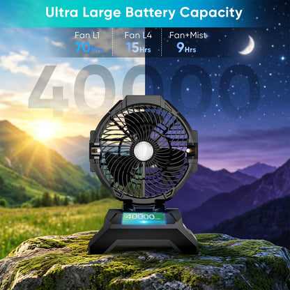 Portable Misting Fan for Outside,40000mAh Rechargeable Camping Mister Fan,15L Cooling Fan with Remote,Ice Fan with 4 Spray Speeds,4 Misting Modes,3 Light Modes for Garden/Camping/Party/Fishing