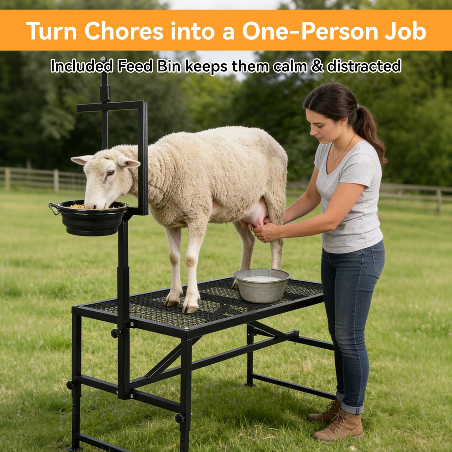 FULUPET Goat Milking Stand with Feed Bin, 600 LBS Heavy Duty Sheep Trimming Stand, Adjustable Headpiece Livestock Stanchion, Stable Metal Hoof Trimming Platform for Grooming & Shearing, Farm Equipment