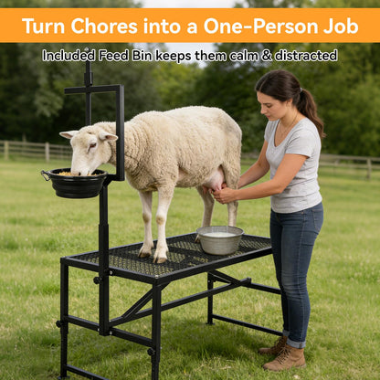 FULUPET Goat Milking Stand with Feed Bin, 600 LBS Heavy Duty Sheep Trimming Stand, Adjustable Headpiece Livestock Stanchion, Stable Metal Hoof Trimming Platform for Grooming & Shearing, Farm Equipment