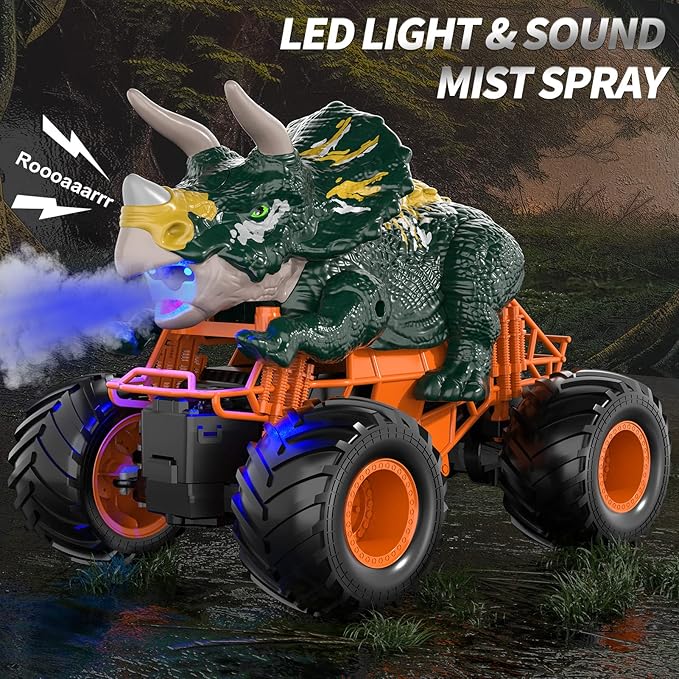 Bennol Remote Control Dinosaur Truck Toys for Kids Boys 3-5 4-7 2.4GHz RC Dino Car Toys with Light Sound &amp Spray Indoor Outdoor All Terrain Electric RC Monster Car Gifts for 3 4 5 8 10 12 Boys