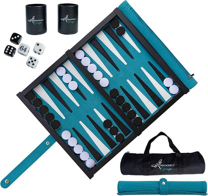 Travel Backgammon Set Deluxe – Roll-Up Board with Magnetic Wooden Frame Dice Cups and Bag - Unique Travel Backgammon Set for Adults