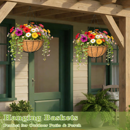 Qusuxi 4 Pack 16 Inch Hanging Planters Outdoor Metal Hanging Flower Baskets with Coco Fiber Liners Chain Round Wire Plant Holder Hanging Flower Pots (Watermelon)