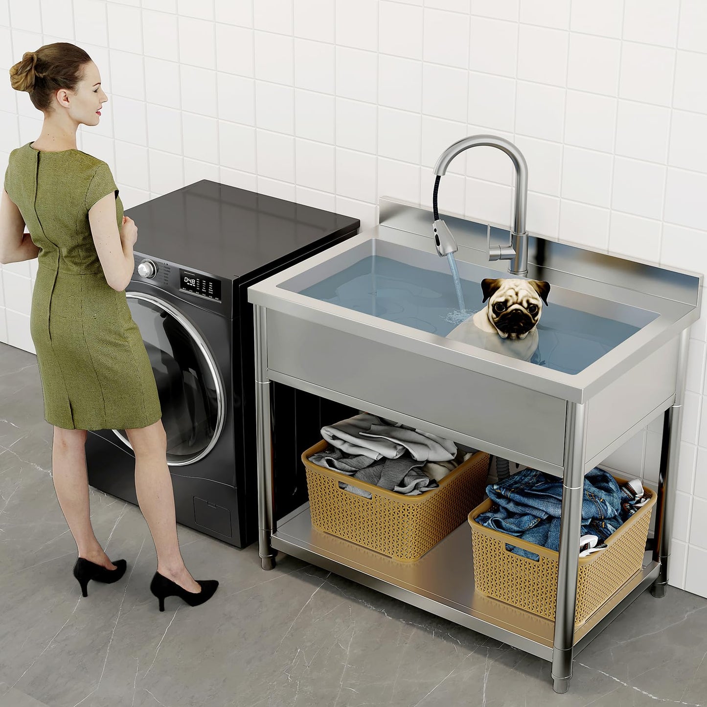Stainless Steel Utility Sink, Large Freestanding Laundry Sink with Pull-out Faucet for Kitchen, Bathroom, Laundry Room, Garage, Outdoor/Indoor Use, Pet Cleaning, D21.65 x W35.43 x H36.61 inch