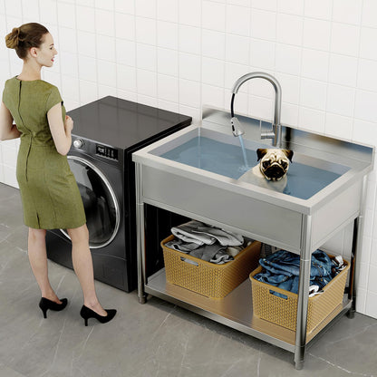 Stainless Steel Utility Sink, Large Freestanding Laundry Sink with Pull-out Faucet for Kitchen, Bathroom, Laundry Room, Garage, Outdoor/Indoor Use, Pet Cleaning, D21.65 x W35.43 x H36.61 inch