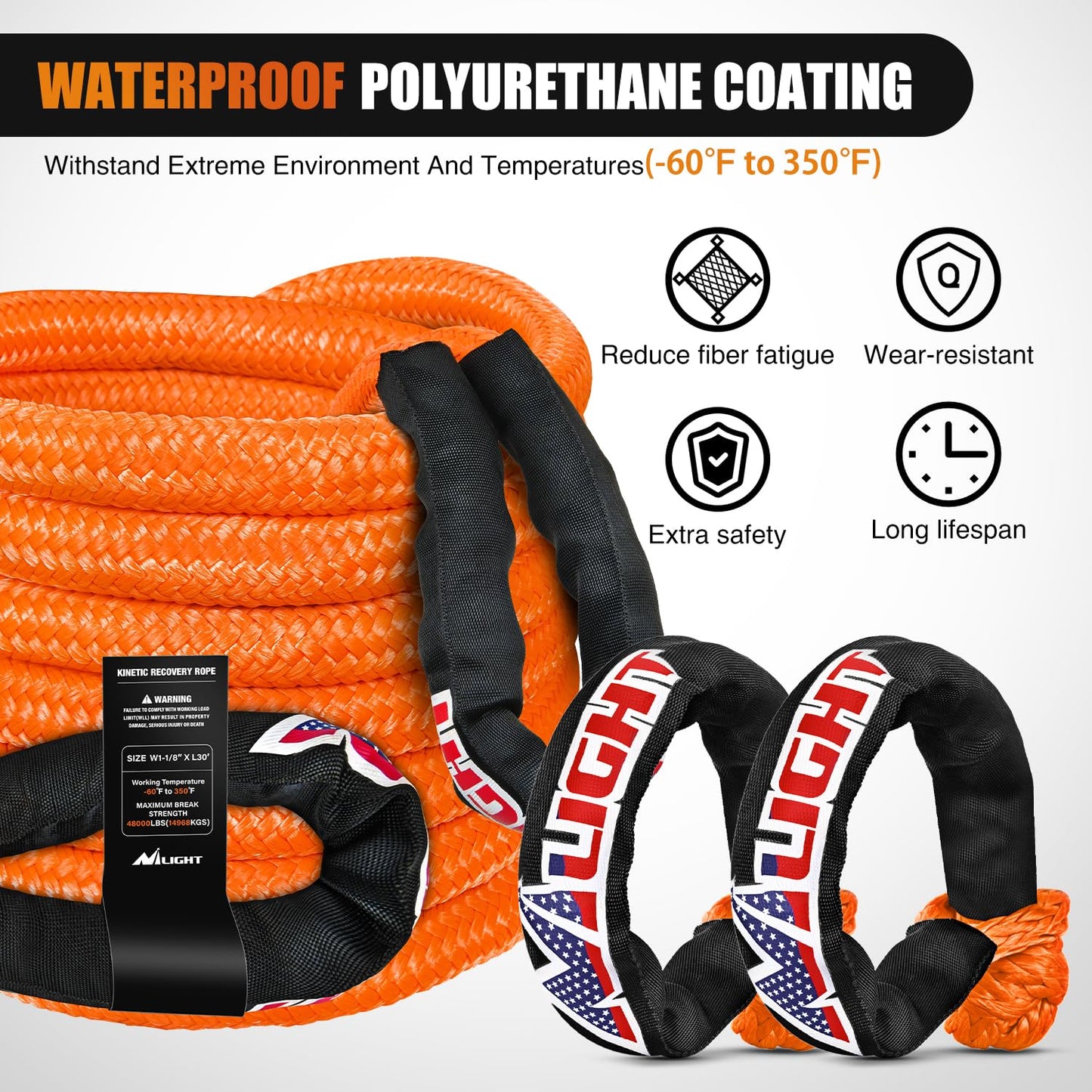 Nilight Kinetic Recovery Tow Rope Kit with 2 Soft Shackle 1-1/8inx30ft Heavy Duty Offroad Tow Rope Snatch Strap Towing Strap kit 48,000LBS for UTV ATV SUV Truck Car Jeep Tractor