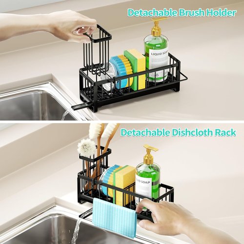 HapiRm Sponge Holder - Self-Draining Sink Caddy with Brush & Dishcloth Holders | Black Stainless Steel